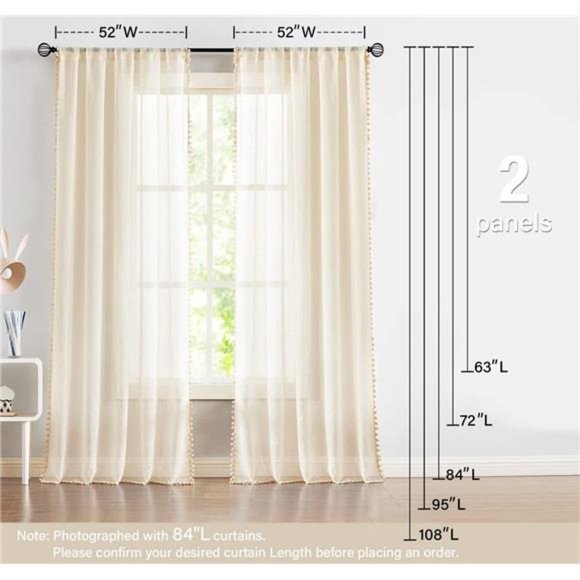 Pompom Linen Sheer Curtains for Living Room 84inches Long Decorative Natural - Picture 6 of 7